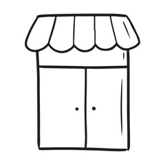 Beautiful shopwindow with striped roof in black isolated on white background. Hand drawn vector sketch illustration in doodle engraved line art vintage style. Shop entrance, fast food enter