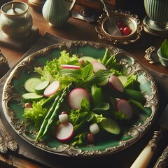 Delicious and healthy breakfast, vegetable green salad in a beautiful vintage plate on the table., Generative AI