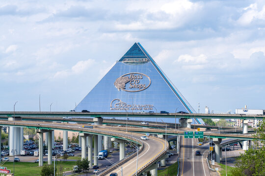Memphis Tennessee - April 7 2024:The Bass Pro Shops Building and Interstate Exchange in Downtown Memphis Tennessee  