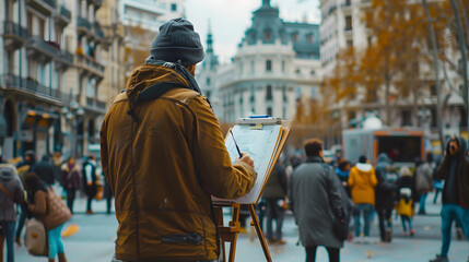 An artist sketching in a bustling city square capturing the dynamic life and architecture around them. - obrazy, fototapety, plakaty