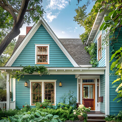 Inventive Exterior Paint Ideas: Vibrant Red Door with Serene Blue Building Surrounded by Green Landscapes - obrazy, fototapety, plakaty