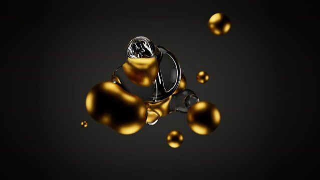 3D animation of abstract volume objects. Abstract morph liquid forms of water and gold metal on ramp background. 4k seamless loop animated template