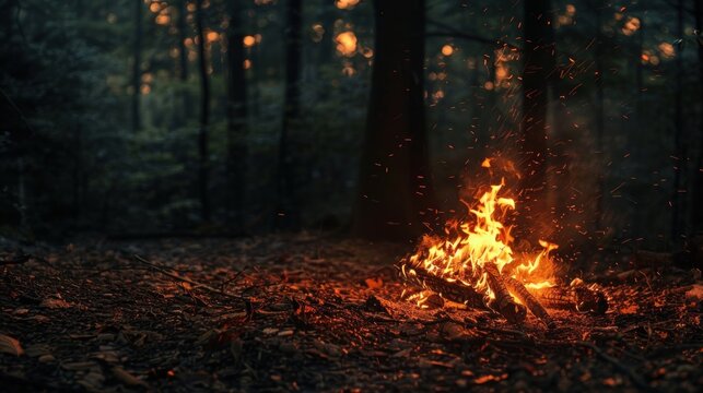 An image of a burning fire in a forest at night