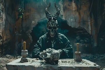 Cultist Leader's Haunting Ritual at Cursed Skull Altar - obrazy, fototapety, plakaty