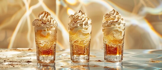 Three glasses of sparkling beverage topped with whipped cream against a golden abstract background