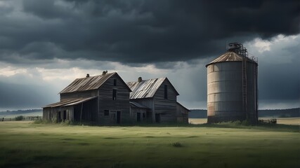 Fototapeta na wymiar A photorealistic image of a moody rural landscape featuring abandoned farm buildings and a silo. The scene should depict overcast weather with dramatic clouds, emphasizing the desolation and melanchol