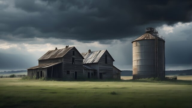 A photorealistic image of a moody rural landscape featuring abandoned farm buildings and a silo. The scene should depict overcast weather with dramatic clouds, emphasizing the desolation and melanchol