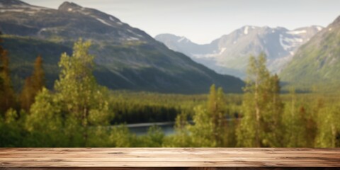 The empty wooden brown table top with blur background of Norway nature landscape. Exuberant image. generative AI - 785636317