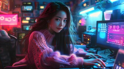 Studio: Anime Hipster Asian Female Diligently Working in Vibrant Futuristic Environment