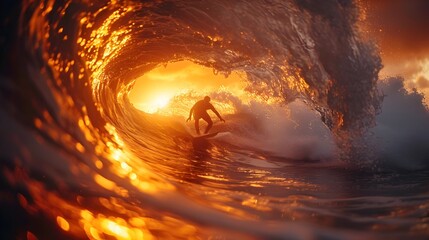 Hawaiian Sunset Surfing: Mastering the Tube Amidst Golden Hour Tranquility - obrazy, fototapety, plakaty