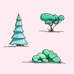 set of 3 trees on the ground on a pink background. vector illustration.