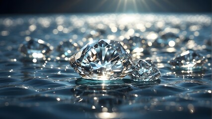 Brilliant diamonds scattered across the surface of water, reflecting sunlight with a sparkling effect. The focus of the image is on capturing the realistic details of the diamonds, water ripples, and  - obrazy, fototapety, plakaty