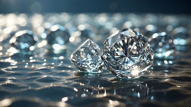 Brilliant diamonds scattered across the surface of water, reflecting sunlight with a sparkling effect. The focus of the image is on capturing the realistic details of the diamonds, water ripples, and 