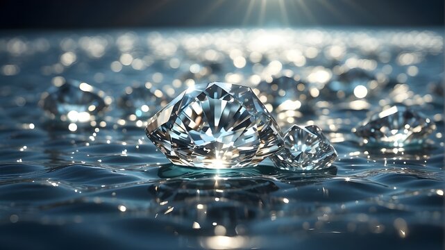 Brilliant diamonds scattered across the surface of water, reflecting sunlight with a sparkling effect. The focus of the image is on capturing the realistic details of the diamonds, water ripples, and 