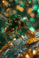 Robotic Bee Places Coin on Earth: A Stunning 3D Symbolizing the Convergence of Technology and Finance