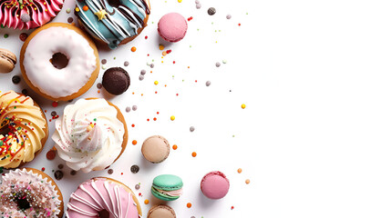 Donuts, cookies, cupcakes macaroons levitation on white background. Cakes, sweets, confectionery collage background.