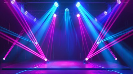 Neon Glowing Laser Blue Triangle, Purple Spotlights, Show Star Club with Dance Podium, Grunge Glossy Stage With Rock Underground