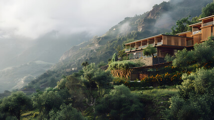 An eco-conscious hostel nestled in a mountainous region constructed with natural and locally sourced materials offering guests immersive nature experiences and sustainability workshops. - obrazy, fototapety, plakaty