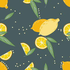 Pattern lemon. Vector illustrationlemon and its slices on a dark green background. Leaves and flowers will complement the pattern. Vector illustration.