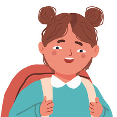 Cute girl character, facial portrait. Adorable preschooler talking, talking. Cute smiling preschool child with two bob hairstyle, with backpack. Flat vector illustration on white background