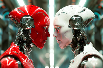 Two rival robot factions face off in the midst of a futuristic war. - obrazy, fototapety, plakaty