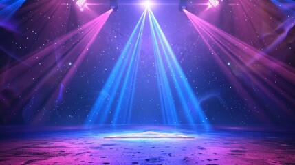 Neon Glowing Laser Blue Triangle, Purple Spotlights, Show Star Club with Dance Podium, Grunge Glossy Stage With Rock Underground