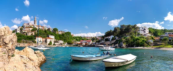 Selbstklebende Fototapeten Panorama of the idyllic coastline and town of Vrbnik Town , Krk Island, Croatia © EKH-Pictures