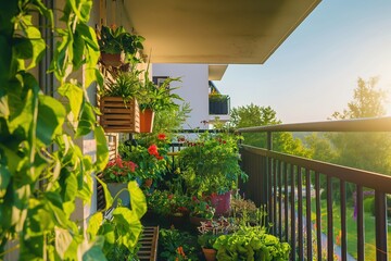 A small but vibrant balcony garden, with hanging planters and vegetable plots