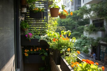 A small but vibrant balcony garden, with hanging planters and compact vegetable plots, green spaces in limited areas, a bright sunny afternoon