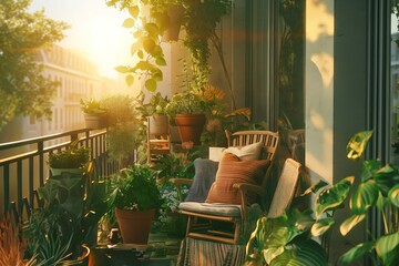 A balcony garden at dawn, featuring a cozy seating area surrounded by lush potted plants and herbs