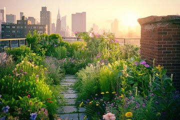 A lush rooftop garden at sunset,