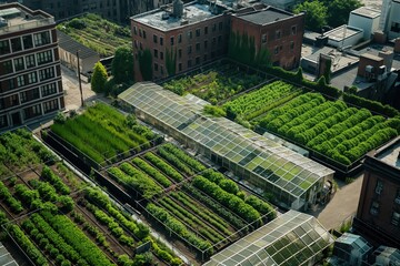 An aerial view of a large urban farm on a rooftop