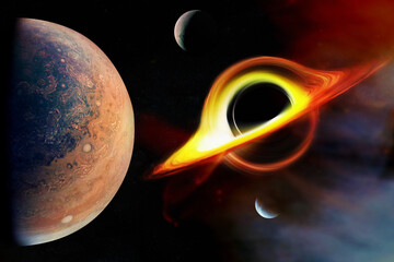 Black hole with Pluto planet in deep space. Elements of this image furnished by NASA.
