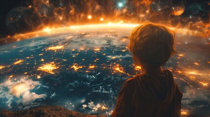 Awestruck Child Gazing at Glowing Globe Generative AI