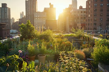 A lush rooftop garden at sunset, with a variety of plants and flowers