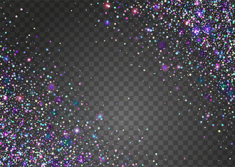 Transparent Confetti. Rainbow Glitter. 3d Concept. Glare Isolated Template. Digital Dust. Carnival Effect. Pink Light Paper. Falling Banner. Purple Transparent Confetti