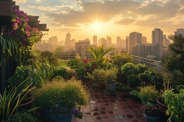 A lush rooftop garden at sunset, with a variety of plants and flowers in bloom, set against the city skyline