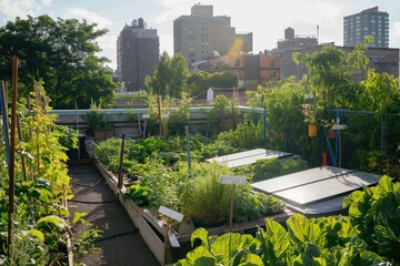 A rooftop garden with a solar panel installation, illustrating the combination of renewable energy and urban agriculture