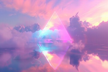 rainbow colored glowing neon triangle in the clouds, lake still water dreamy scene.