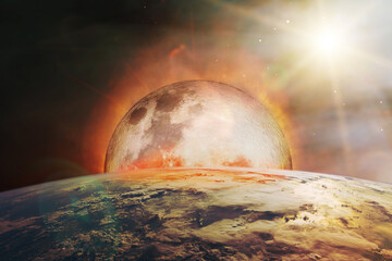 Global cataclysm background of Earth planet with Moon fall. Elements of this image furnished by NASA.