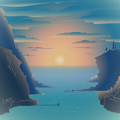 Seascape with mountain slopes and a fisherman sitting alone on a pier. Morning sun and sea haze of light. Vector illustration with gradient. 