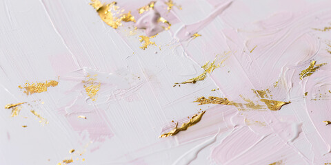 Brush strokes of gold and white paint on a pink background
