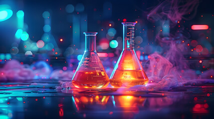 Science and chemistry concept. Digital lab background featuring neon-colored liquid, test tubes, or beakers against a dark background. Modern illustration. - obrazy, fototapety, plakaty