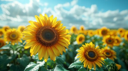 Obraz premium Vibrant Sunflower Field Under Cloudless Blue Sky Generative AI