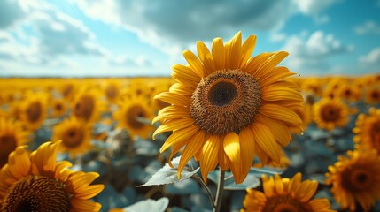Vibrant Sunflower Field Under a Clear Blue Summer Sky Generative AI