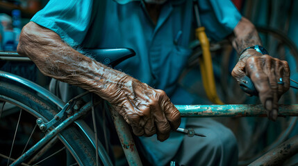 An elderly man repairing an old bicycle in his garage a symbol of independence and sustainability.