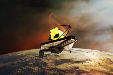 James Webb telescope on low-orbit of Earth planet. JWST launch art. Elements of this image furnished by NASA.