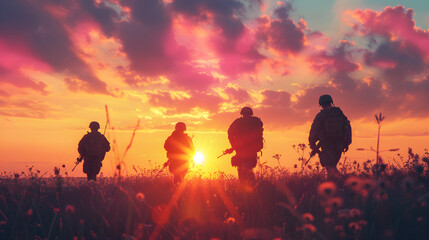 Silhouettes of brave veterans on sunrise or sunset sky background, representing honor and sacrifice. Suitable for Memorial Day and Veterans Day concept. - obrazy, fototapety, plakaty