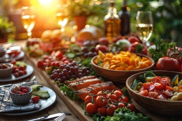 A sumptuous spread of fresh, delectable dishes and drinks is laid out on a table in the warm glow of sunset - obrazy, fototapety, plakaty