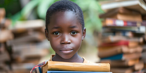 African boy carrying textbooks, ready to go back to school to pursue education and a brighter future. - obrazy, fototapety, plakaty